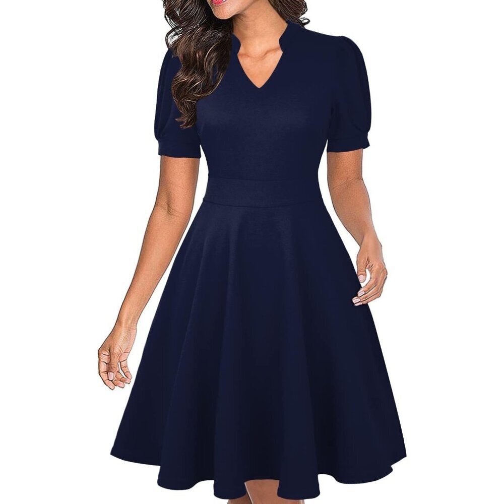 Womens  Navy Blue Short Puff Sleeve Flare Semi-Formal Summer Dress With Pockets
